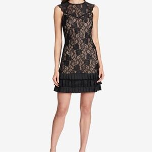 Kensie Black Nude Ruffled Hem Lace Mini Dress
